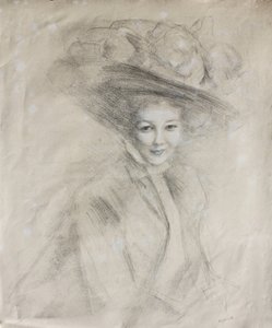 Naisen muotokuva täyslierisessä hatussa, jossa on musliinia, n. 1905 (musta liitu, jossa valkoiset kohokohdat paperilla) tekijältä Albert de Belleroche